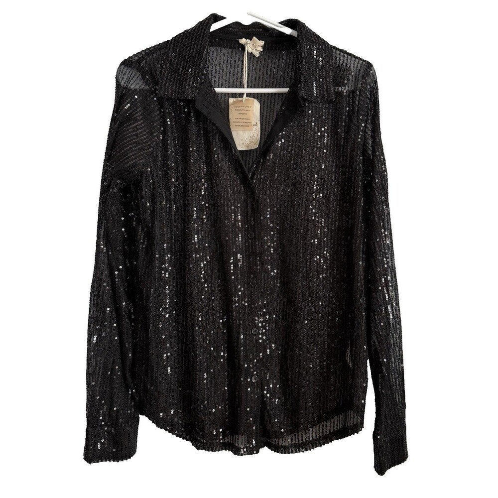 Hem & Thread Black Sequin Shirt Sz Small Button Up Top Sheer Blouse Long Sleeve